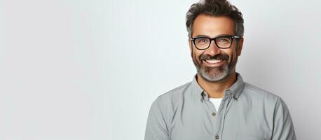 Smiling middle aged man with glasses and a beard posing against a white background with space for text photo