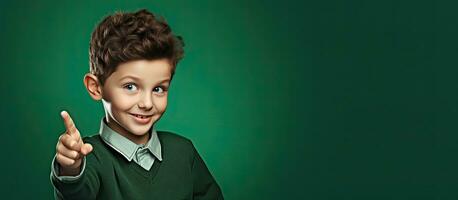 Young boy pointing to the side with empty speech bubble photo