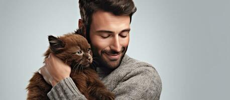 Young man hugs his cat with love isolated on white photo