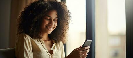 joven mujer utilizando teléfono por ventana comprobación Fechado aplicación hermosa pelo hogar interior foto