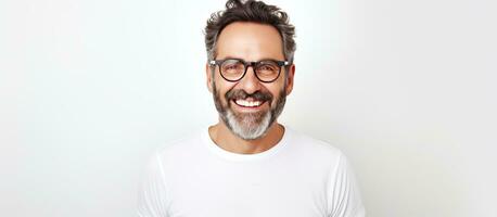 Smiling middle aged man with glasses and a beard posing against a white background with space for text photo