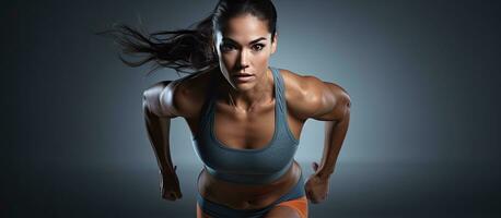 Ready female athlete poised for sprint on grey background photo