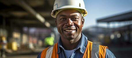 sonriente construcción trabajador a edificio sitio foto