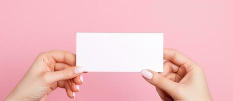 Caucasian woman holding business card on pink background representing business stationery concept photo