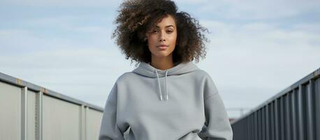 African American woman in casual grey sweatshirt against white fence no edits photo