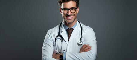 Male dentist with white coat glasses and stethoscope looks at camera with open hands on gray background photo
