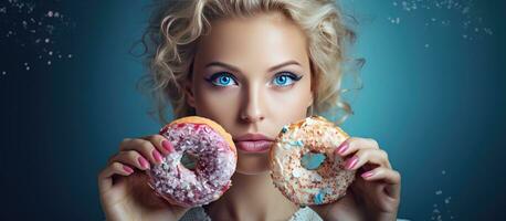 Composite photo of a Caucasian woman enjoying a donut representing unhealthy eating and indulgence