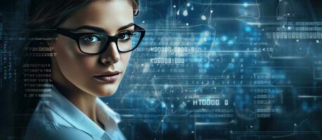 Caucasian woman with eyeglasses and engineering day text representing awareness support and career concept photo