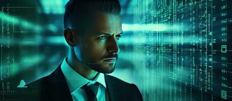 The image shows a businessman with source code and programmer image overlay symbolizing programming cyber security business and internet of things photo