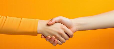 Caucasian woman with handshake gesture on orange background representing greetings and beginnings for National Handshake Day photo