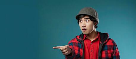 A young Asian man in a beanie and red flannel shirt stands against a blue background pointing up with a puzzled expression photo