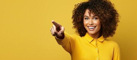Happy woman pointing and smiling offering advertisement space photo