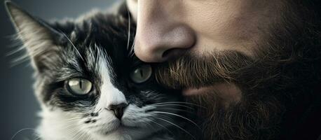 Affectionate connection between man and black and white cat photo