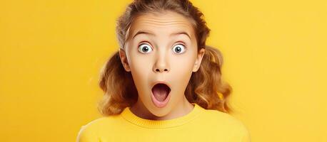 A girl presenting a product on a yellow background for a big sale isolated portrait with copy space photo