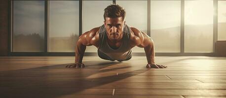 Male athlete doing push ups in open space photo