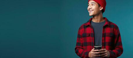 Thoughtful Asian student in beanie hat and red plaid shirt gazes at empty space holding book and phone deep in contemplation isolated on blue backdrop photo