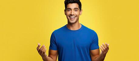 Excited Hispanic man in blue shirt pointing with open palms and smiling presenting advertisement with copy space on yellow background photo
