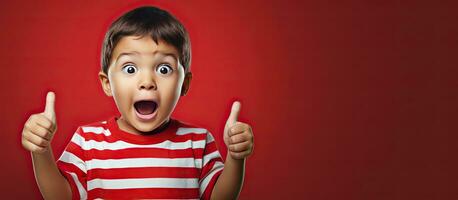 Excited little boy in striped shirt pointing to empty space offering room for ad photo