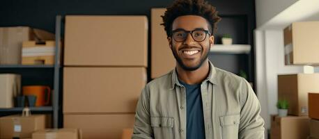 Happy African American guy wearing glasses posing with folded arms in front of cardboard boxes attractive black man in new home on moving day panoramic vi photo