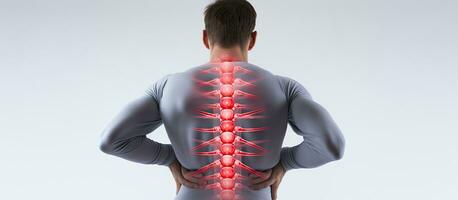 Spinal cord injury concept with man experiencing back pain white background photo