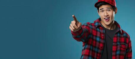 Asian man wearing beanie hat and red plaid flannel shirt energetically points upwards with finger on blue background photo