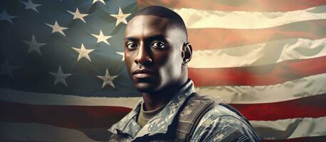 Composite of young African American army soldier with copy space for armed forces celebration photo