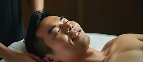 Massage therapist provides head massage at a spa to help a stressed man relax and feel happy while the man lies on a spa table photo