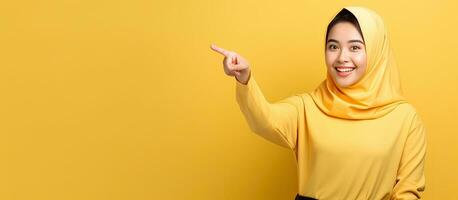 A happy Asian Muslim woman pointing to the left with copy space standing on a yellow background photo