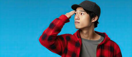 An Asian man looking up and scratching his head wearing a beanie hat and a red plaid flannel shirt against a blue background photo
