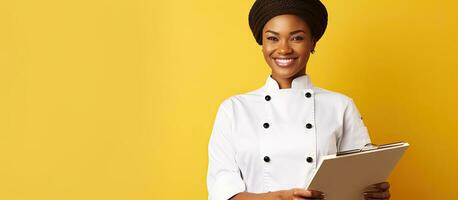 A cheerful female chef in a uniform of African American descent taking notes and writing a cookbook stands alone on a yellow background in a studio photo