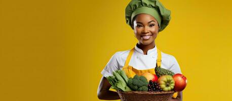 Happy African American chef woman with fresh produce recommending organic ingredients copy space yellow background photo