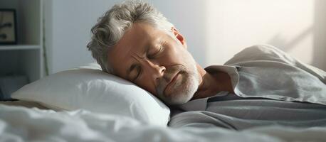 dormir privación fatigado medio Envejecido hombre en cama frotamiento ojos después inquieto noche blanco dormitorio vacío zona foto
