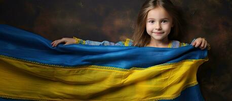 Young girl wearing traditional embroidered shirt holds Ukrainian flag with empty space Show support for Ukraine love for country Concept of freedom photo