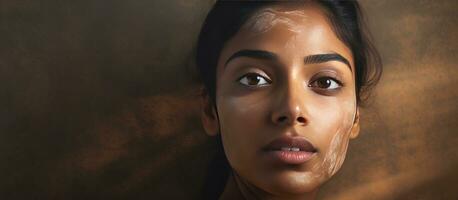 Composite image of an Indian woman examining her reflection with text about international skin pigmentation day conveying the concept of pigmentation awar photo