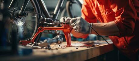 Hispanic worker renovating a bicycle frame at his workshop focusing on the hands and copy space photo