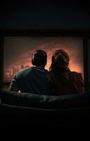 Young couple sitting on sofa watching TV together at home photo