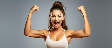 Excited fit woman pointing at blank space photo