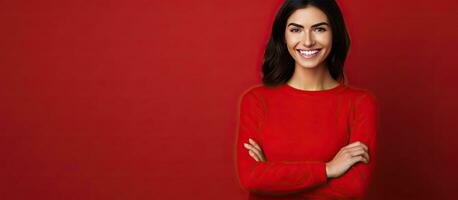 Happy woman pointing at empty copy space recommending a promotion deal photo