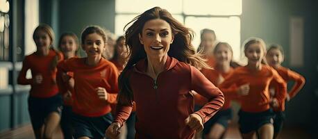 Female PE teacher participating in gym class with students Blank area photo