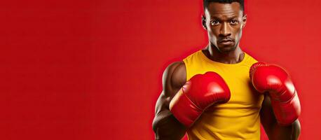 A focused Black boxer posing with red gloves ready to punch against a yellow background looking to the side photo