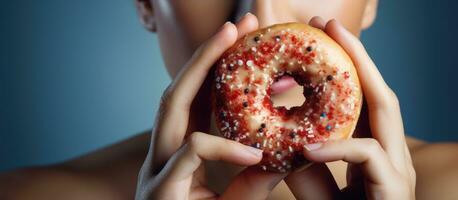 compuesto foto de un caucásico mujer disfrutando un rosquilla representando insalubre comiendo y indulgencia