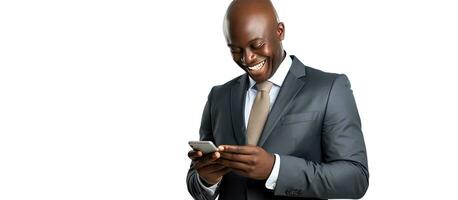 Successful black businessman in formal wear happily looking at phone Bald White background photo