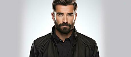 Young attractive brunette man with beard in black jacket isolated on white background photo