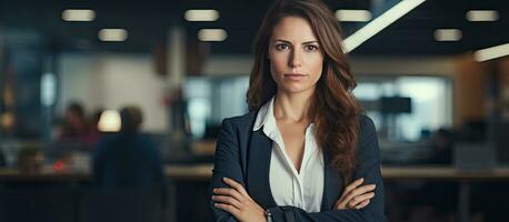 Resolute to succeed at all costs an attractive businesswoman stands alone in the office arms crossed during a late shift photo