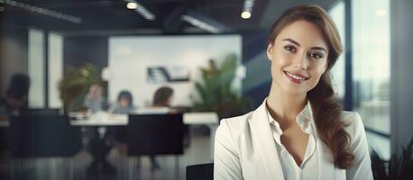 Modern office businesswoman with smile and blank space photo