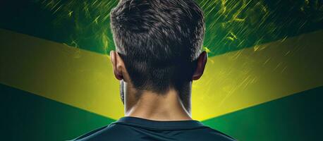 Rear view of a man with Brazilian flag and Enjoy this Brazilian day text Concept of national pride celebration and identity photo