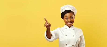 African American chef pointing at blank space for advertisement photo