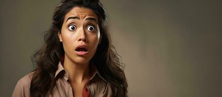 A nervous Hispanic woman looks to the side with a startled expression focusing on an empty space photo