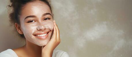 Digital composite featuring a Caucasian woman smiling and wiping her cheek with text for International Skin Pigmentation Day Focus on pigmentation skincar photo