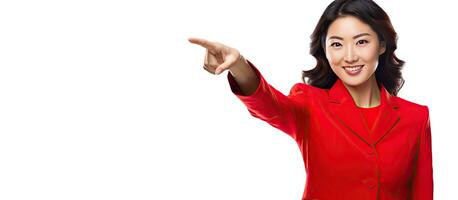 asiático mujer en rojo atuendo posando para independencia día señalando a el lado en blanco antecedentes foto